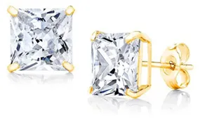 14k Yellow Gold Plated Created  White Sapphire 4 Carat Square Stud Earrings
