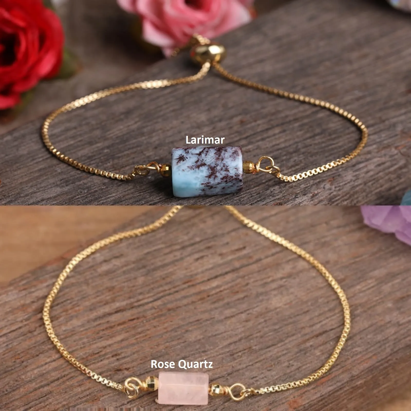 18K Gold-Filled Cylinder Charm Gemstone Bracelet | Healing Crystal Bracelet