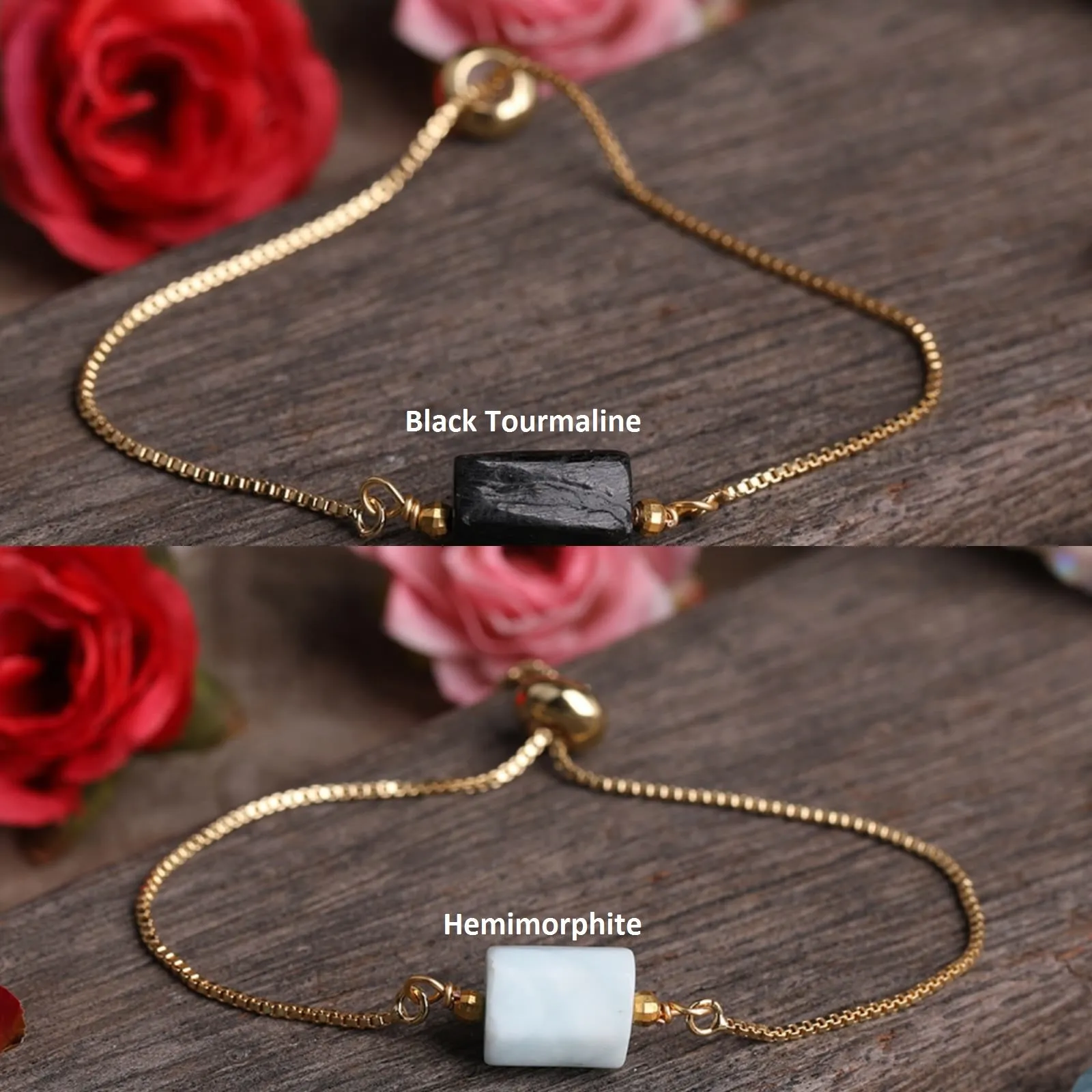 18K Gold-Filled Cylinder Charm Gemstone Bracelet | Healing Crystal Bracelet