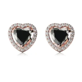 18k Rose Gold Plated 1 Ct Created Halo Heart Black Sapphire Stud Earrings