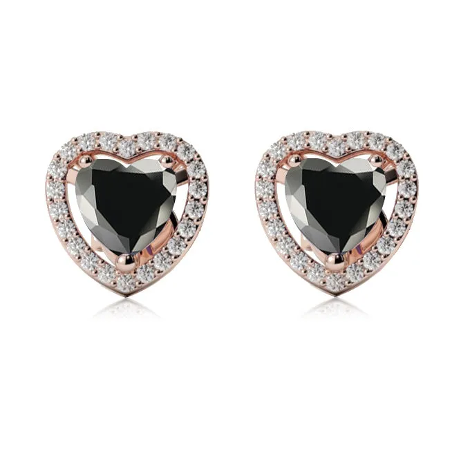 18k Rose Gold Plated 1 Ct Created Halo Heart Black Sapphire Stud Earrings