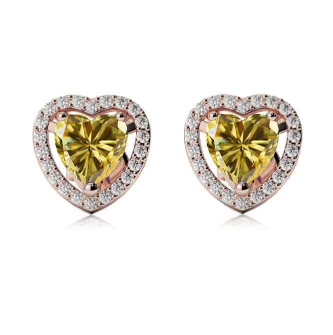 18k Rose Gold Plated 2 Ct Created Halo Heart Yellow Sapphire Stud Earrings
