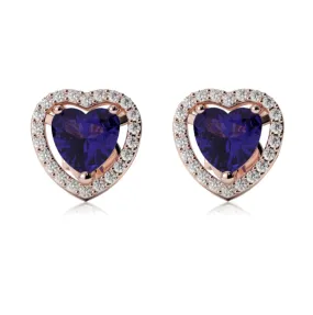 18k Rose Gold Plated 4 Ct Created Halo Heart Blue Sapphire Stud Earrings