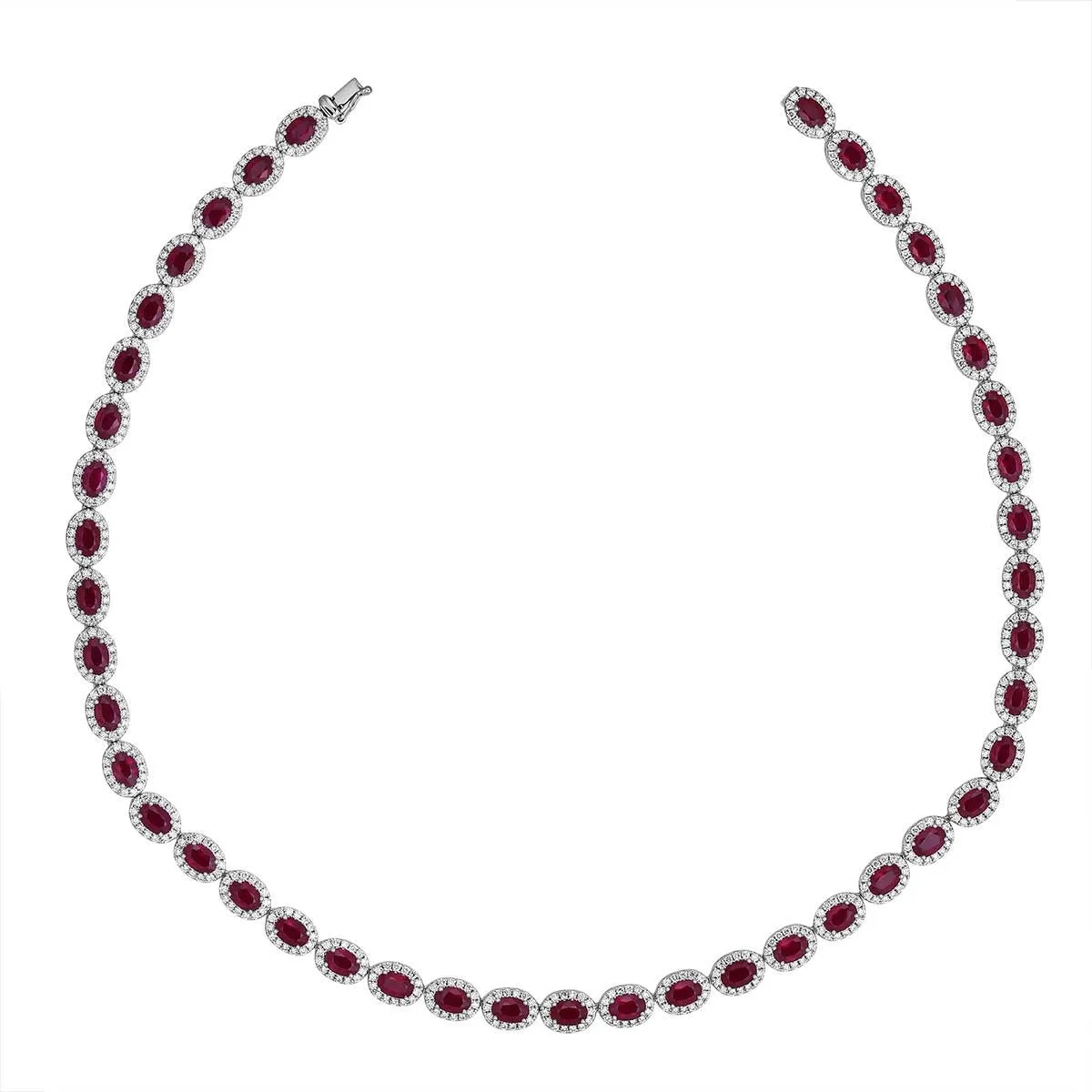 18K White Gold Oval Ruby Necklace with Diamond Halos