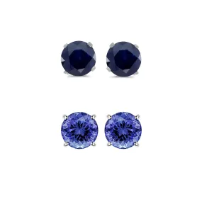 18k White Gold Plated 1/2Ct Created Black Sapphire and Tanzanite 2 Pair Round Stud Earrings