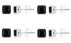 18k White Gold Plated Created Black Sapphire 1/2Ct Square Cut Pack of Four Stud Earrings