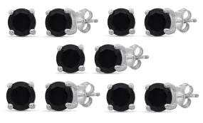 18k White Gold Plated Created Black Sapphire 2Ct Round Set of Five Stud Earrings