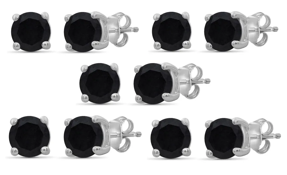 18k White Gold Plated Created Black Sapphire 2Ct Round Set of Five Stud Earrings