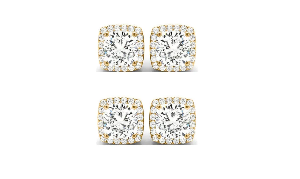 18k Yellow Gold 1Ct Cushion Cut White Sapphire Set Of Two Halo Stud Earrings Plated
