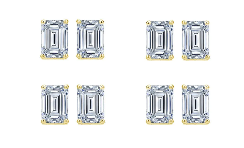 18k Yellow Gold 4Ct Emerald Cut White Sapphire Set Of Four Stud Earrings Plated