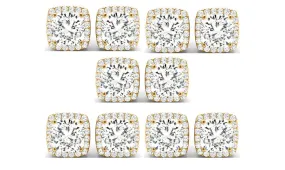 18k Yellow Gold 4mm 1Ct Cushion Cut White Sapphire Set Of Five Halo Stud Earrings Plated