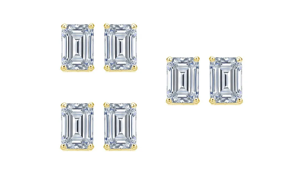 18k Yellow Gold 4mm 4Ct Emerald Cut White Sapphire Set Of Three Stud Earrings Plated