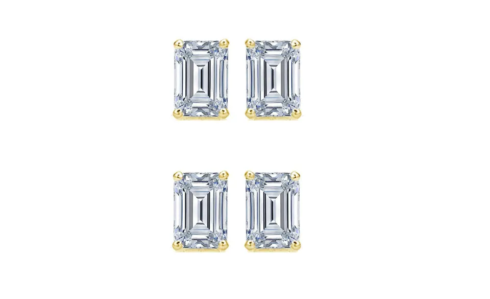 18k Yellow Gold 4mm 4Ct Emerald Cut White Sapphire Set Of Two Stud Earrings Plated