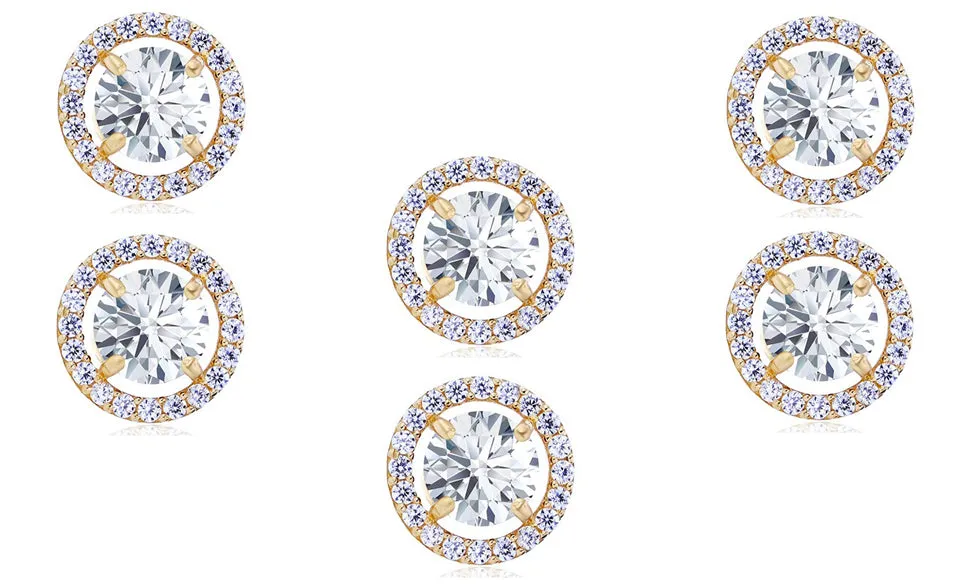 18k Yellow Gold Plated 2Ct Round White Sapphire Set of Three Halo Stud Earrings
