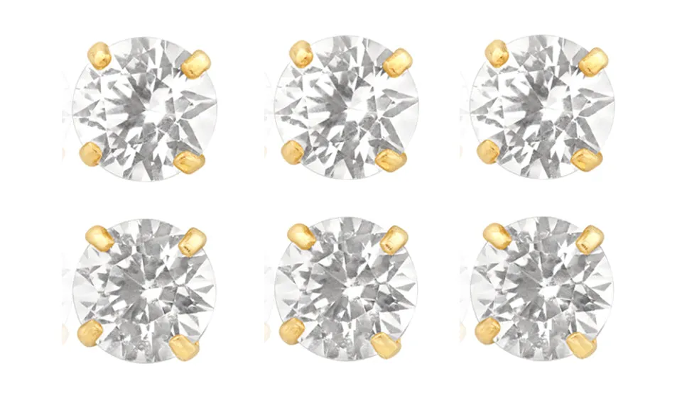 18k Yellow Gold Plated 2Ct Round White Sapphire Set Of Three Stud Earrings