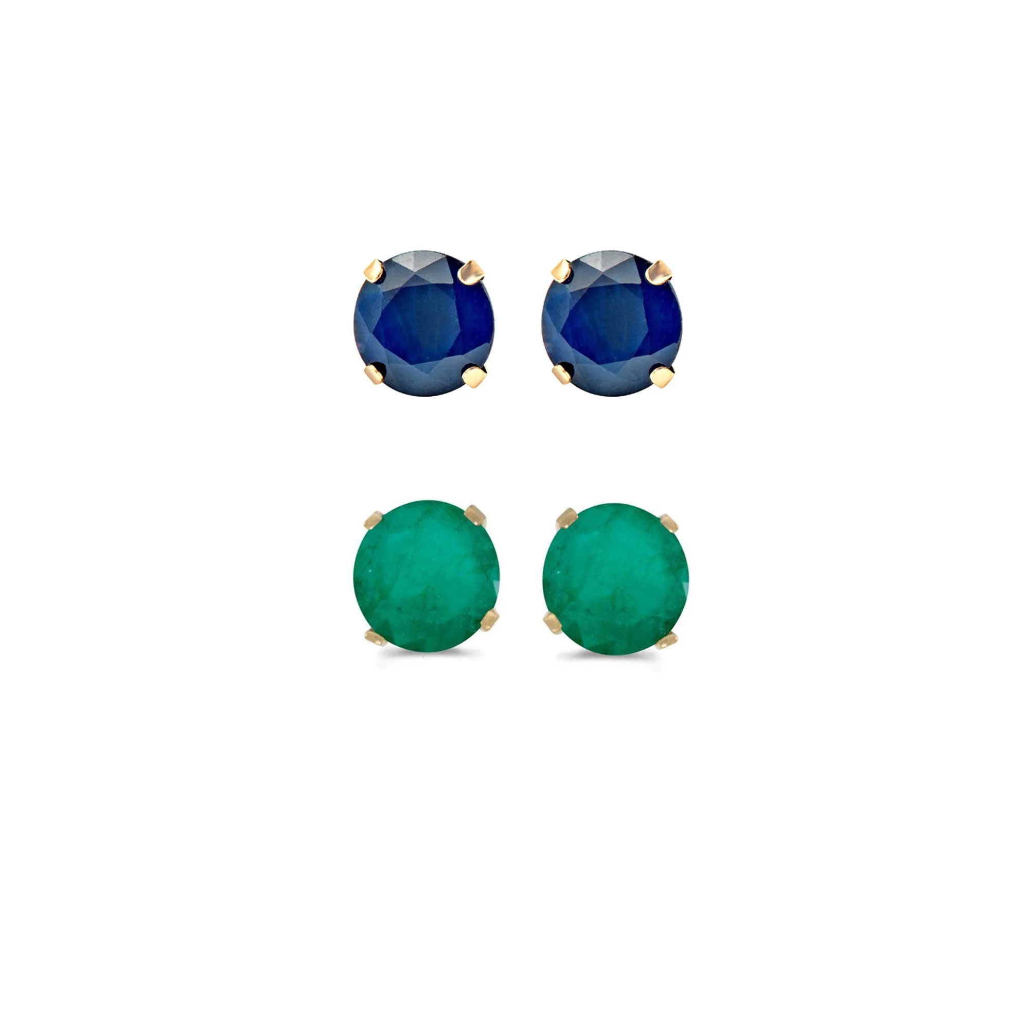 18k Yellow Gold Plated 4Ct Created Blue Sapphire and Emerald 2 Pair Round Stud Earrings