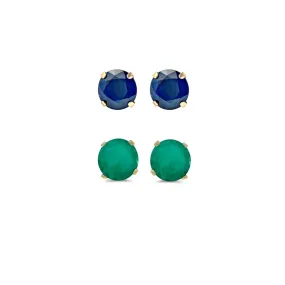 18k Yellow Gold Plated 4Ct Created Blue Sapphire and Emerald 2 Pair Round Stud Earrings