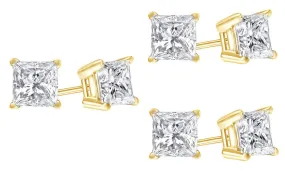 18k Yellow Gold Plated Created White Sapphire 1 Carat Princess Cut Pack of Three Stud Earrings