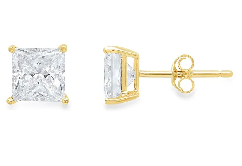 18k Yellow Gold Plated Created White Sapphire 1/2 Carat Princess Cut Stud Earrings