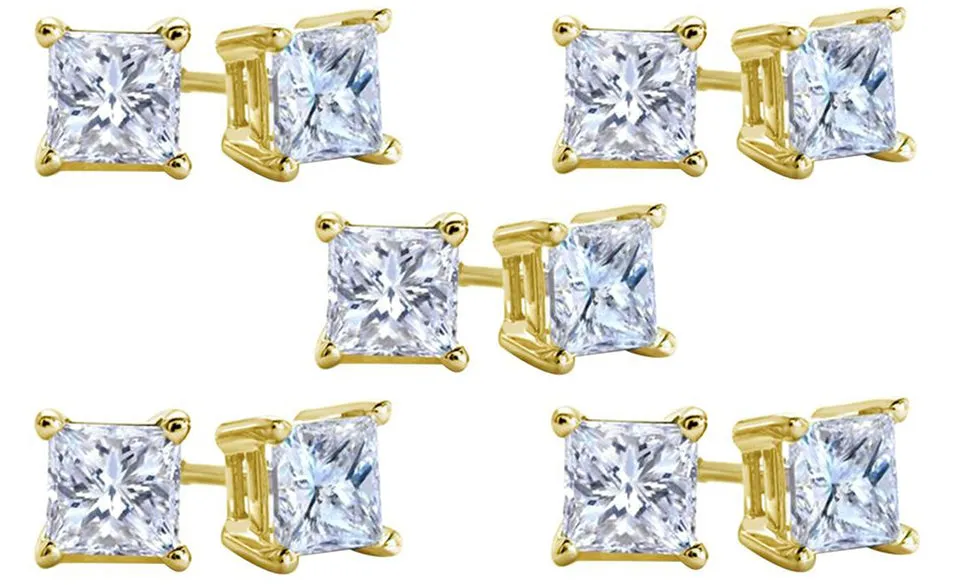 18k Yellow Gold Plated Created White Sapphire 1/2 Carat Square Cut Pack of Five Stud Earrings
