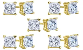 18k Yellow Gold Plated Created White Sapphire 1/2 Carat Square Cut Pack of Five Stud Earrings
