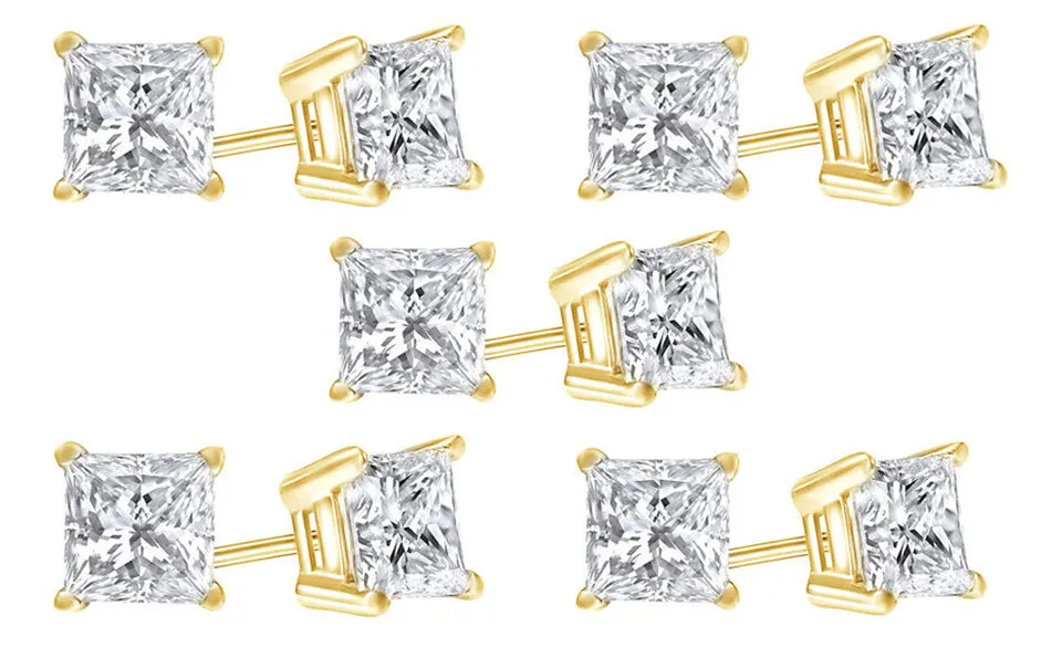 18k Yellow Gold Plated Created White Sapphire 2 Carat Princess Cut Pack of Five Stud Earrings