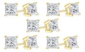18k Yellow Gold Plated Created White Sapphire 2 Carat Princess Cut Pack of Five Stud Earrings