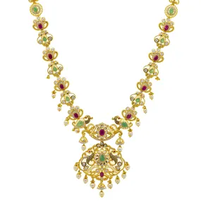 22K Yellow Gold 28 Inch Necklace w/ Emerald, Ruby, CZ, Pearl and Antique Accents (81.8gm)