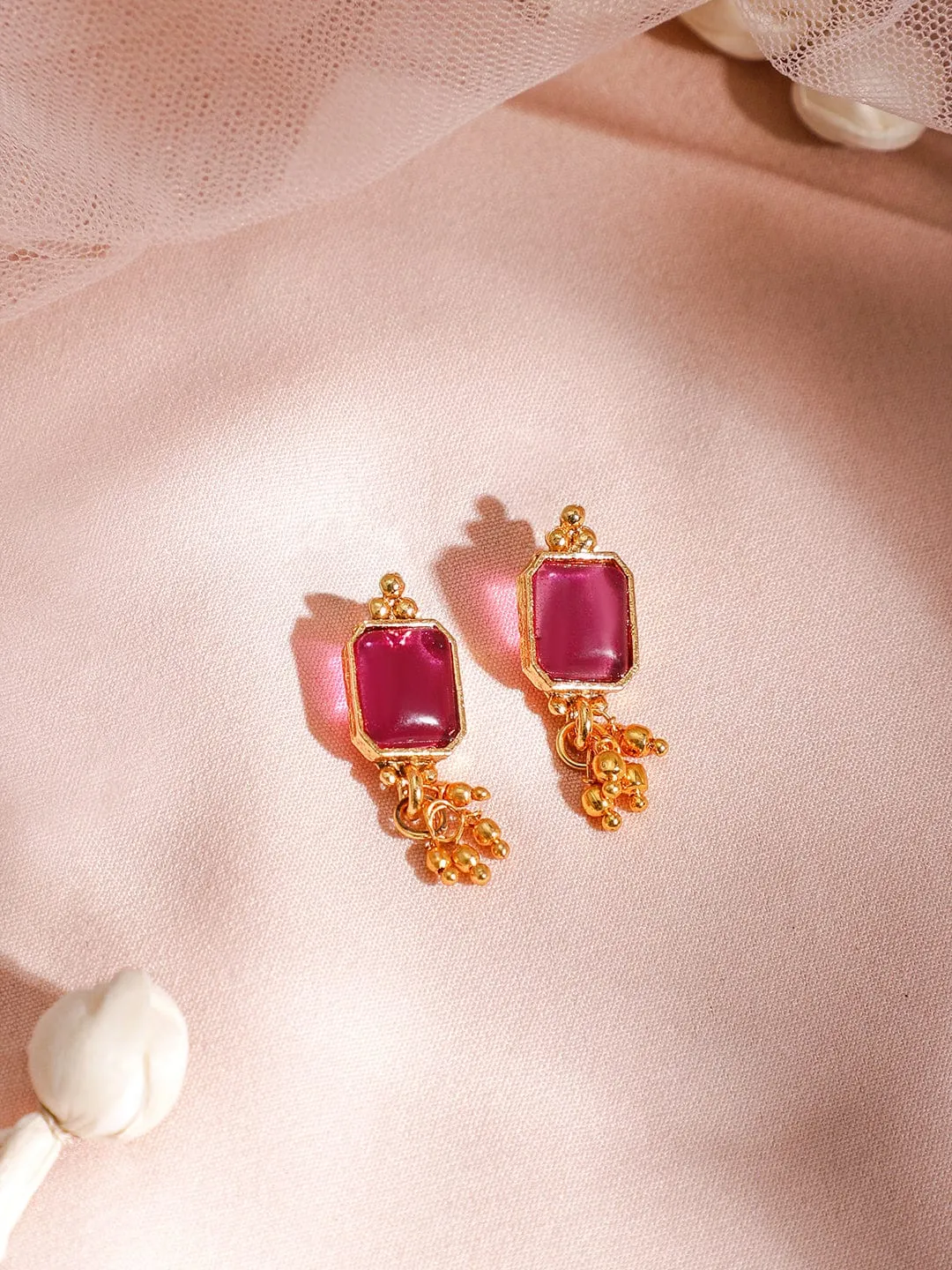 22KT Gold Plated Ruby Stone Studded  Beaded Necklace And Earrings