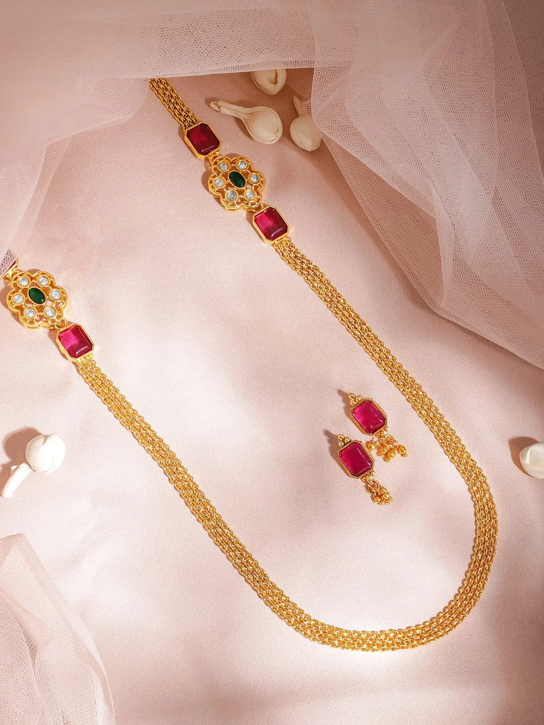 22KT Gold Plated Ruby Stone Studded  Beaded Necklace And Earrings