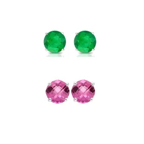 24k White Gold Plated 1/2Ct Created Emerald and Pink sapphire 2 Pair Round Stud Earrings