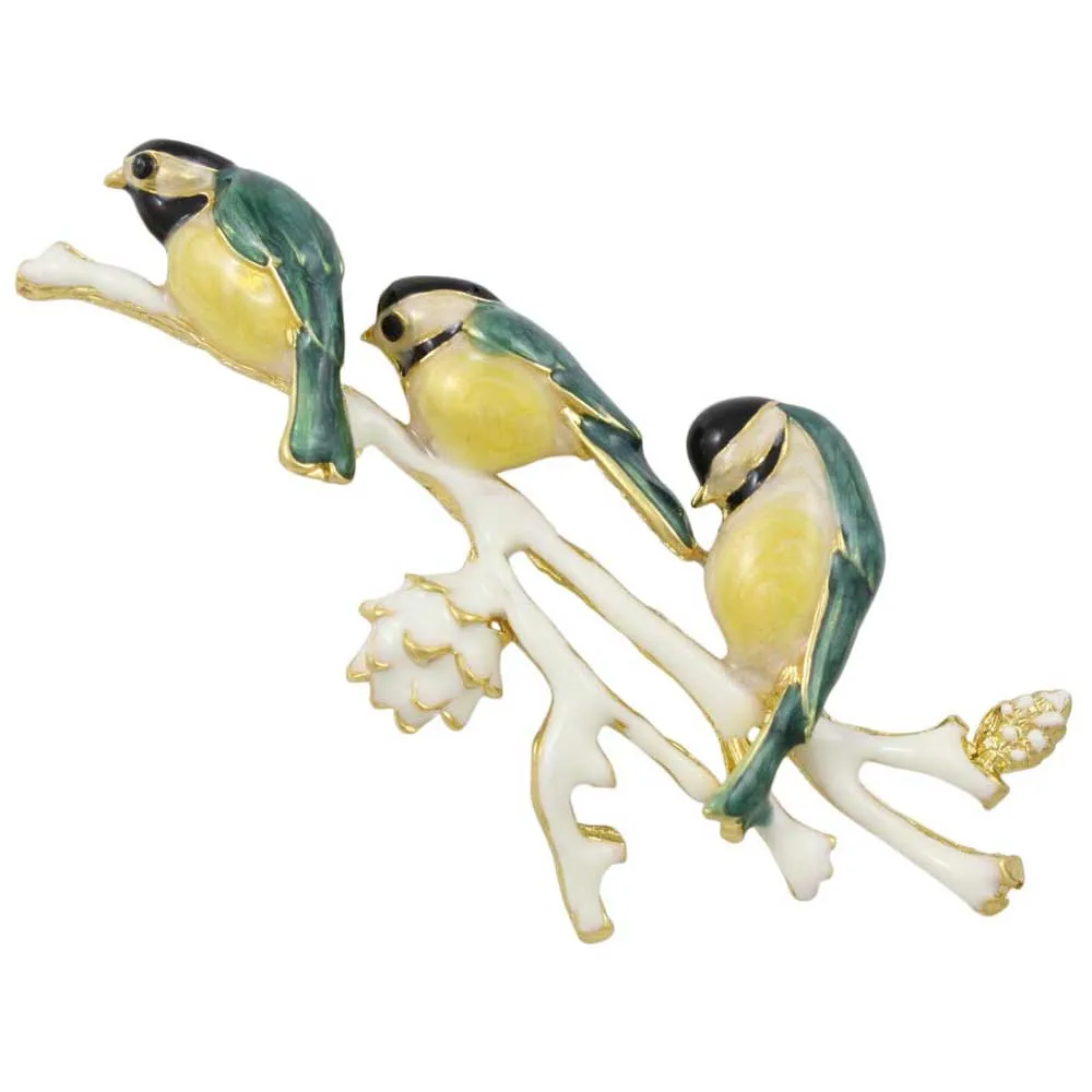 3 Enamel Chickadees on Branch Jewelry Brooch Pin - PRB312