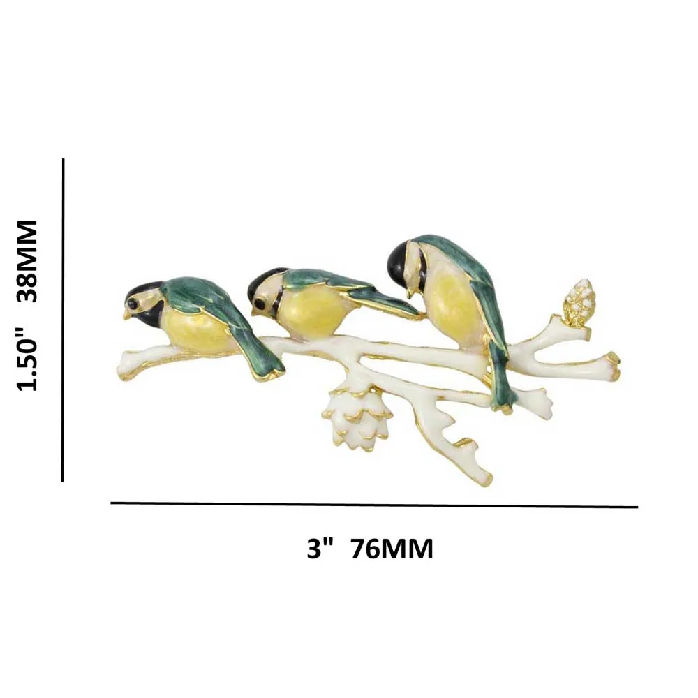 3 Enamel Chickadees on Branch Jewelry Brooch Pin - PRB312
