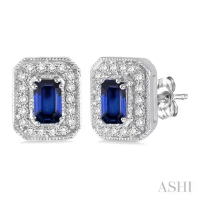 5x3 mm Octagon Cut Sapphire and 1/4 Ctw Round Cut Diamond Earrings in 14K White Gold
