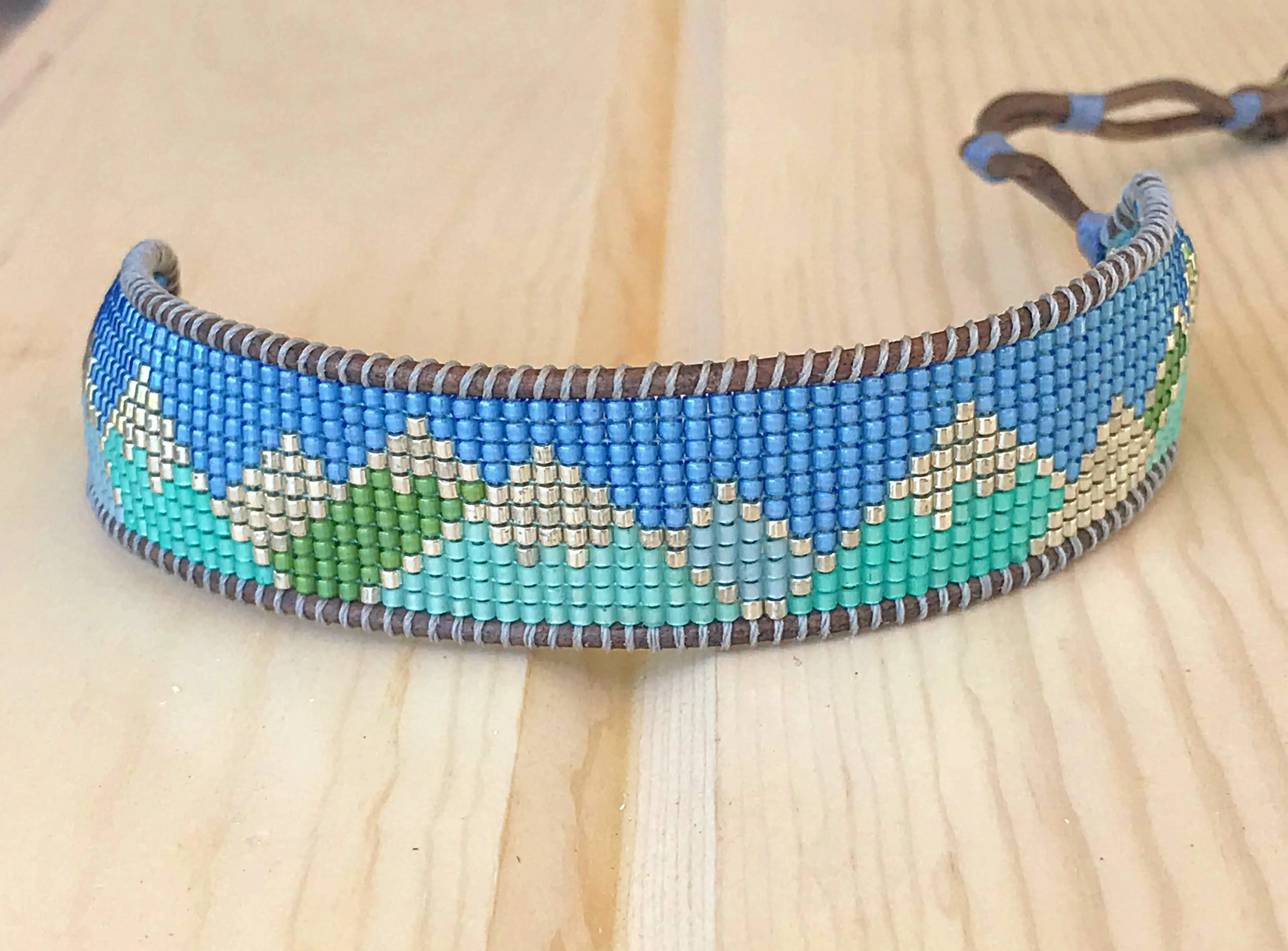 Abstract Mountain Bead Woven Loom Leather Bracelet