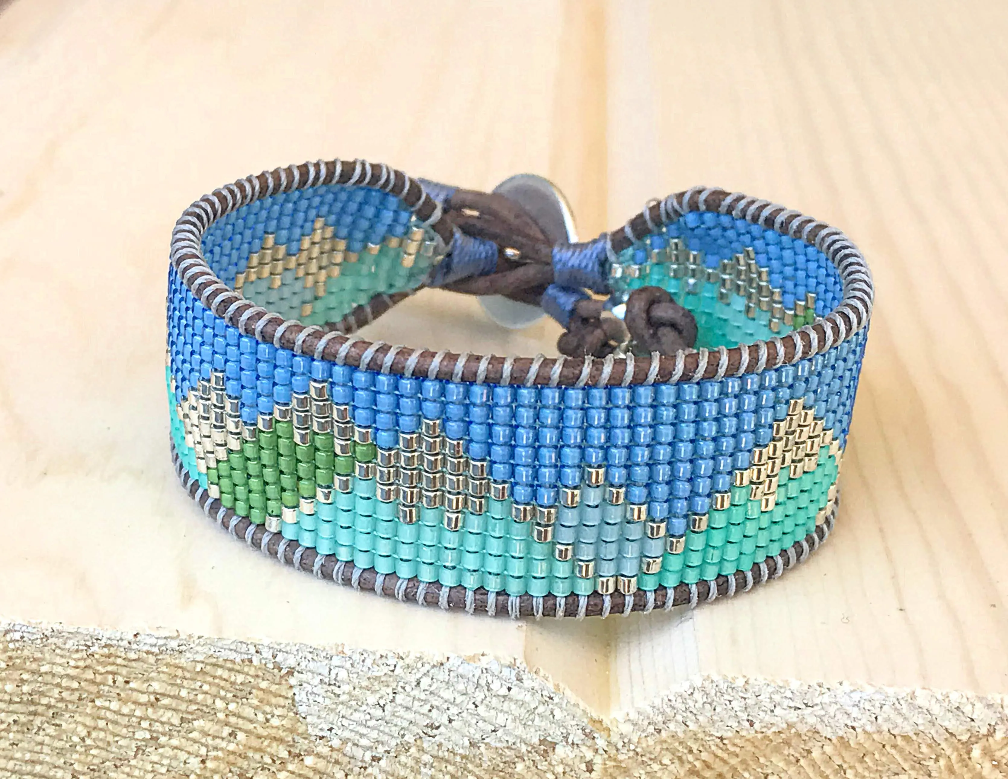 Abstract Mountain Bead Woven Loom Leather Bracelet