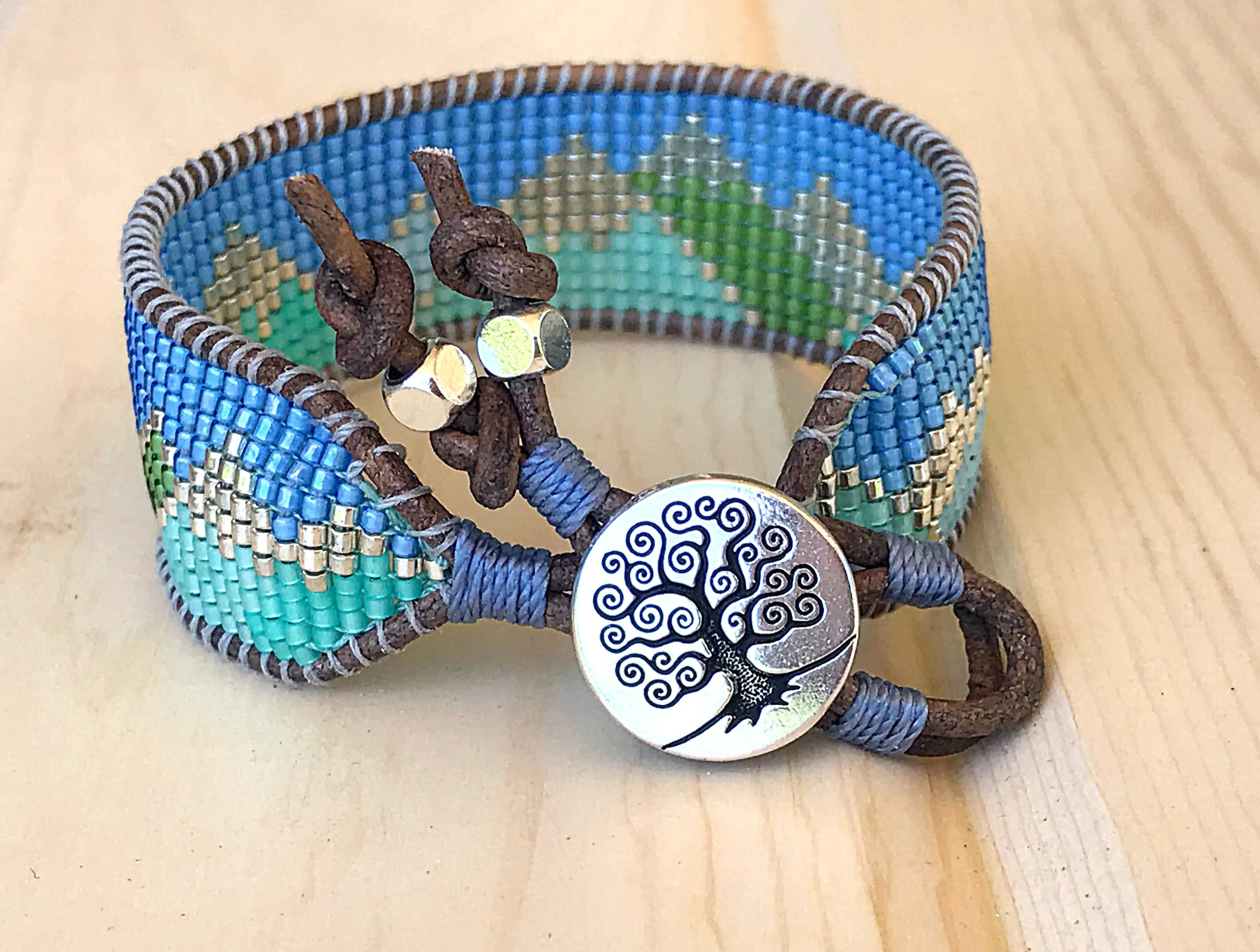 Abstract Mountain Bead Woven Loom Leather Bracelet
