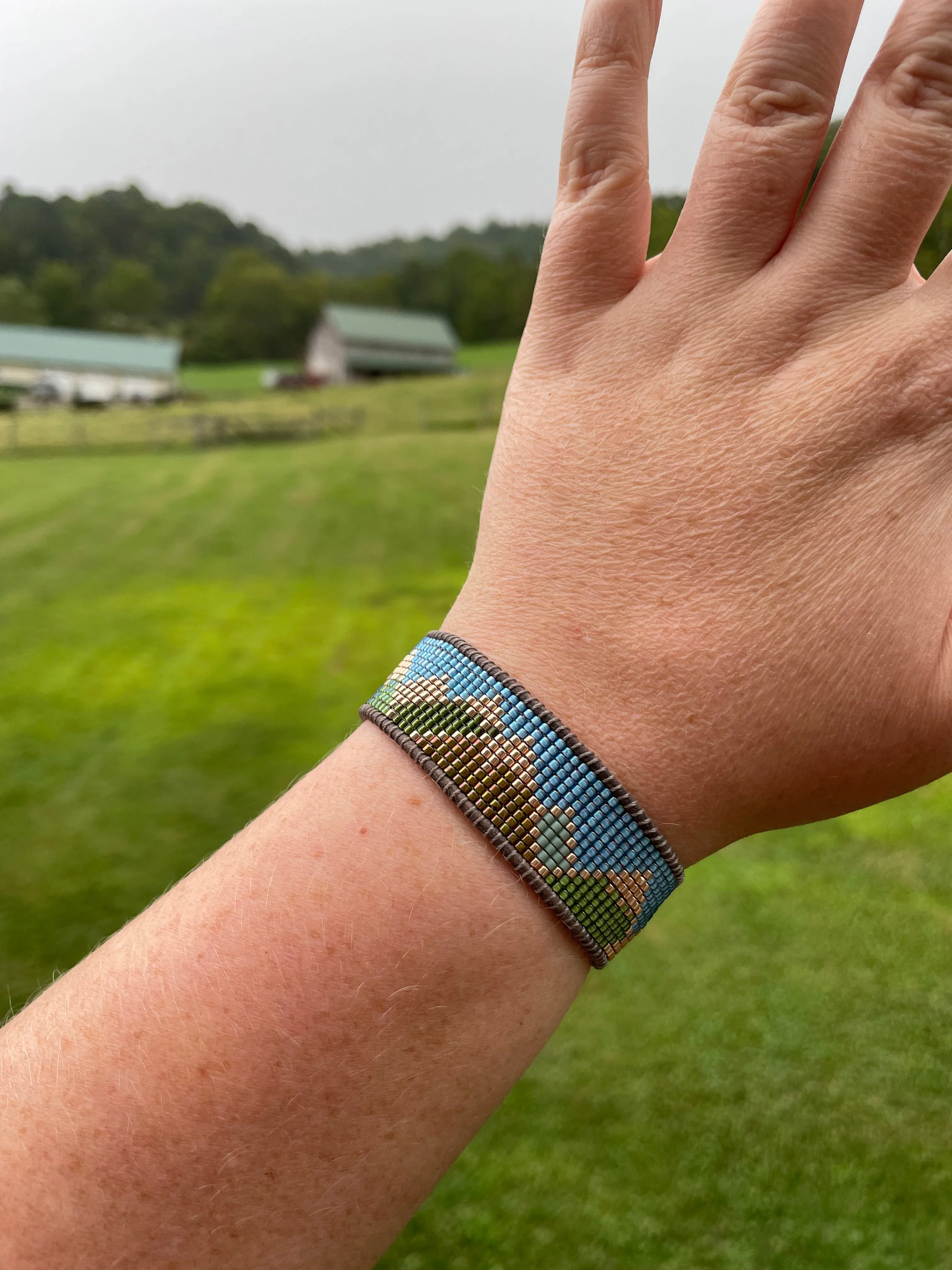 Abstract Mountain Bead Woven Loom Leather Bracelet
