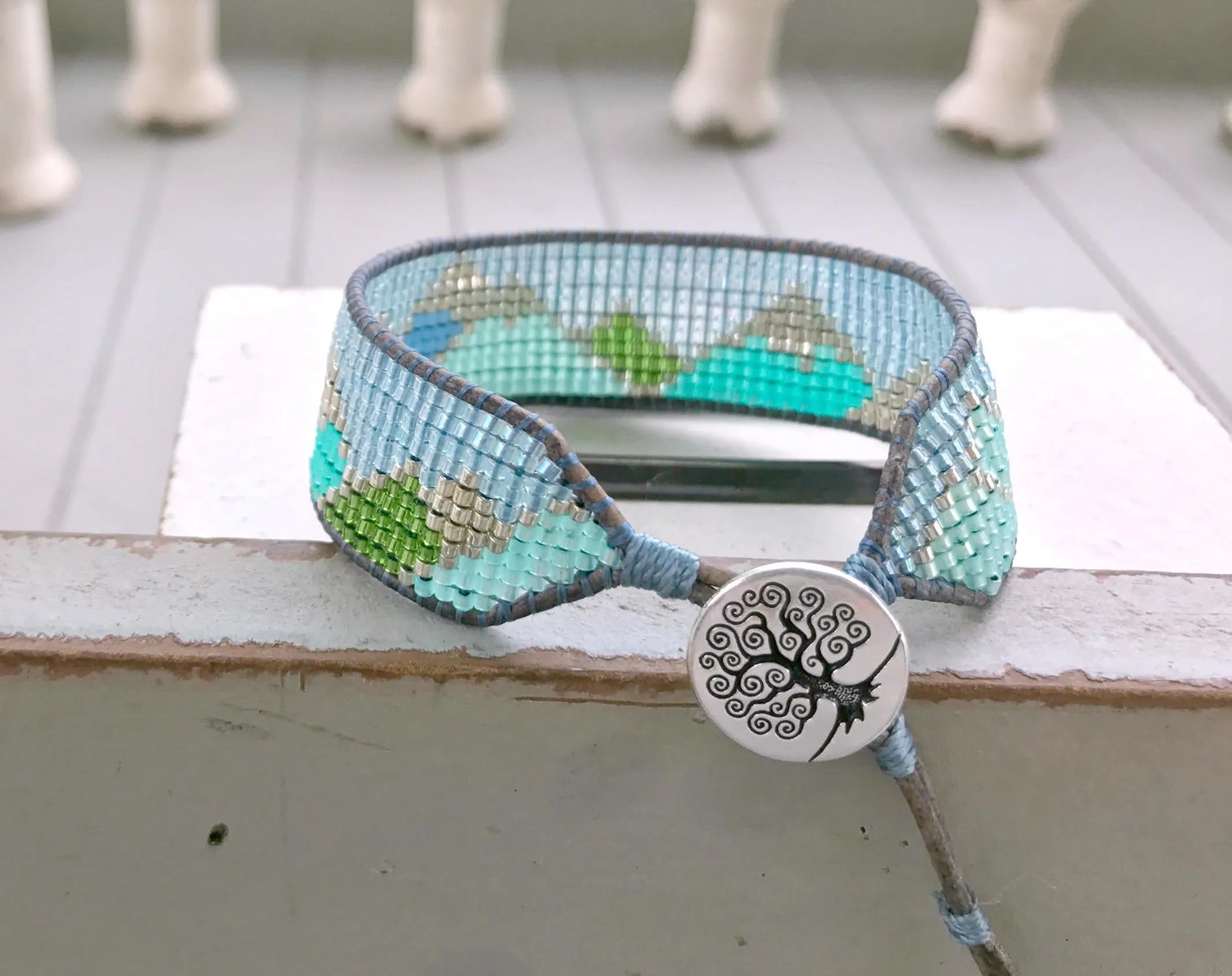 Abstract Mountain Bead Woven Loom Leather Bracelet