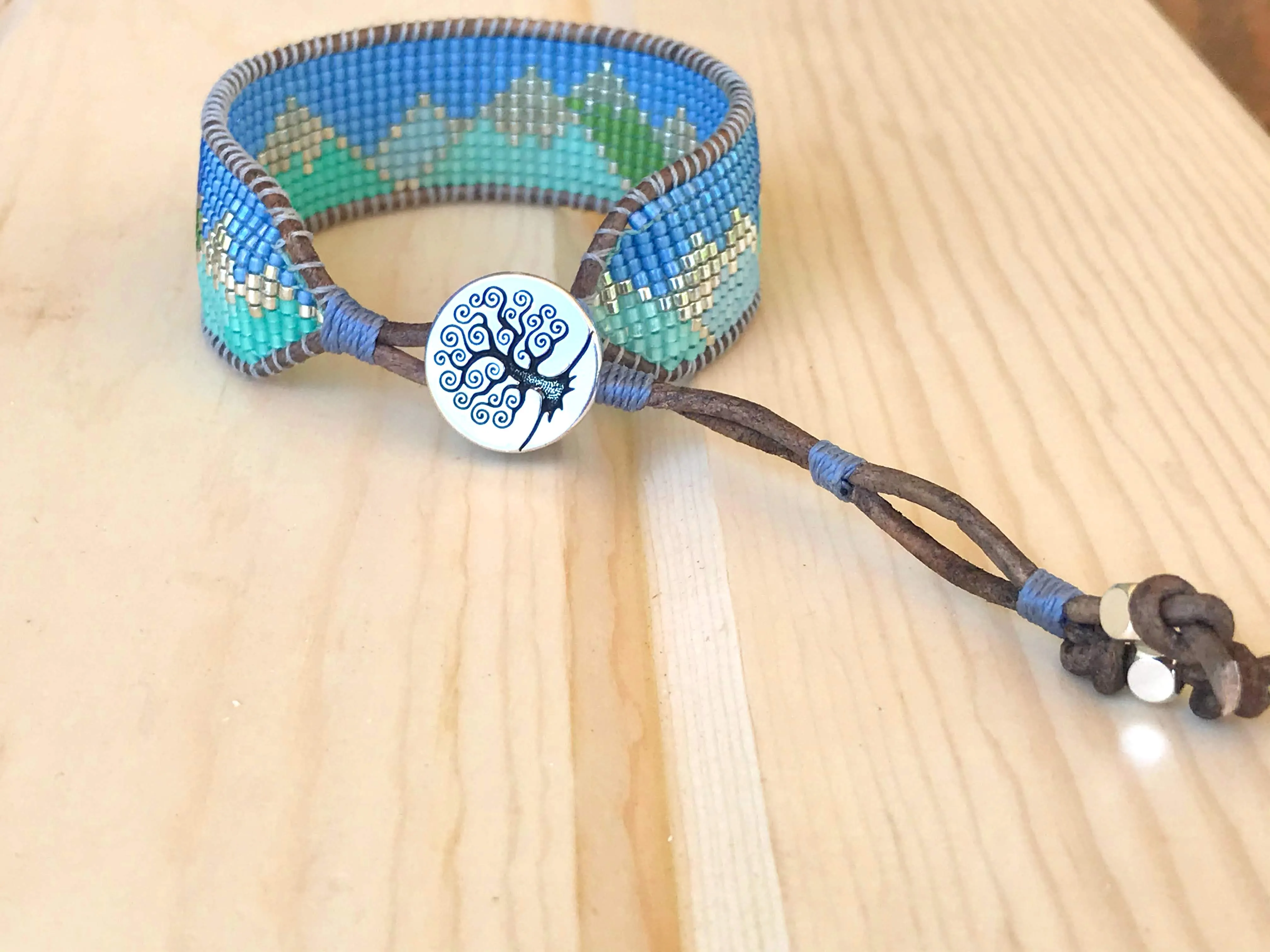 Abstract Mountain Bead Woven Loom Leather Bracelet