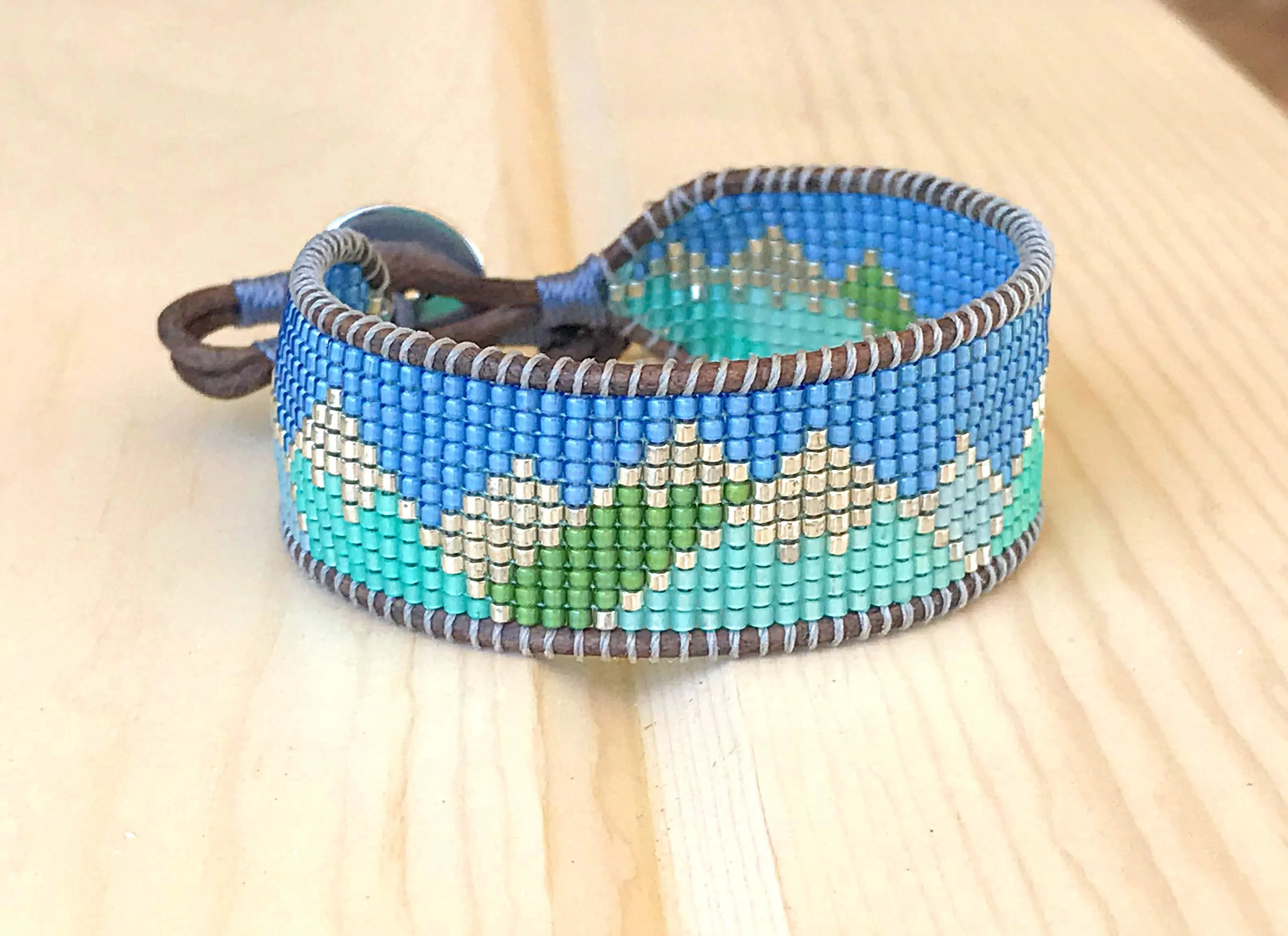 Abstract Mountain Bead Woven Loom Leather Bracelet