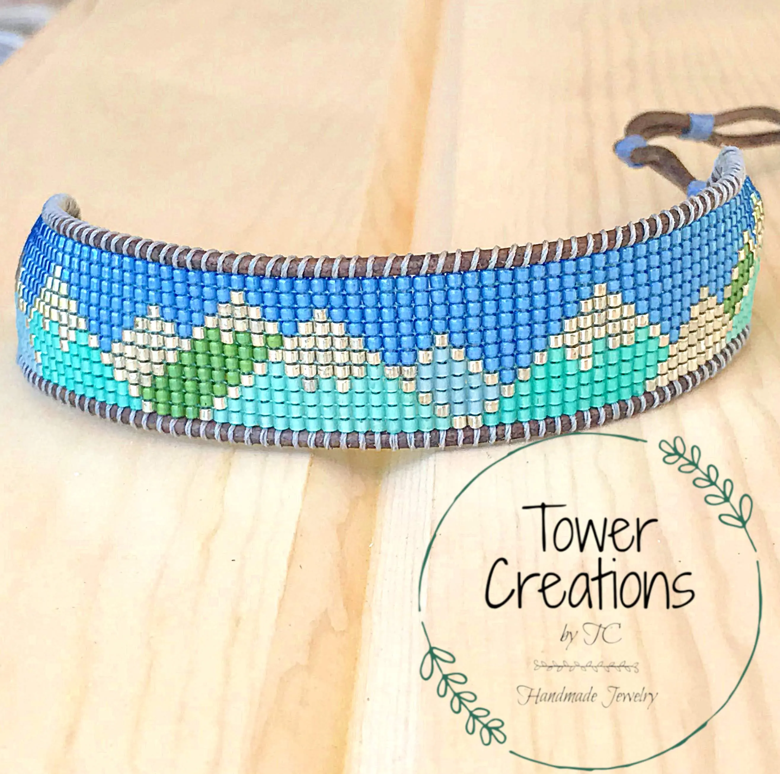 Abstract Mountain Bead Woven Loom Leather Bracelet
