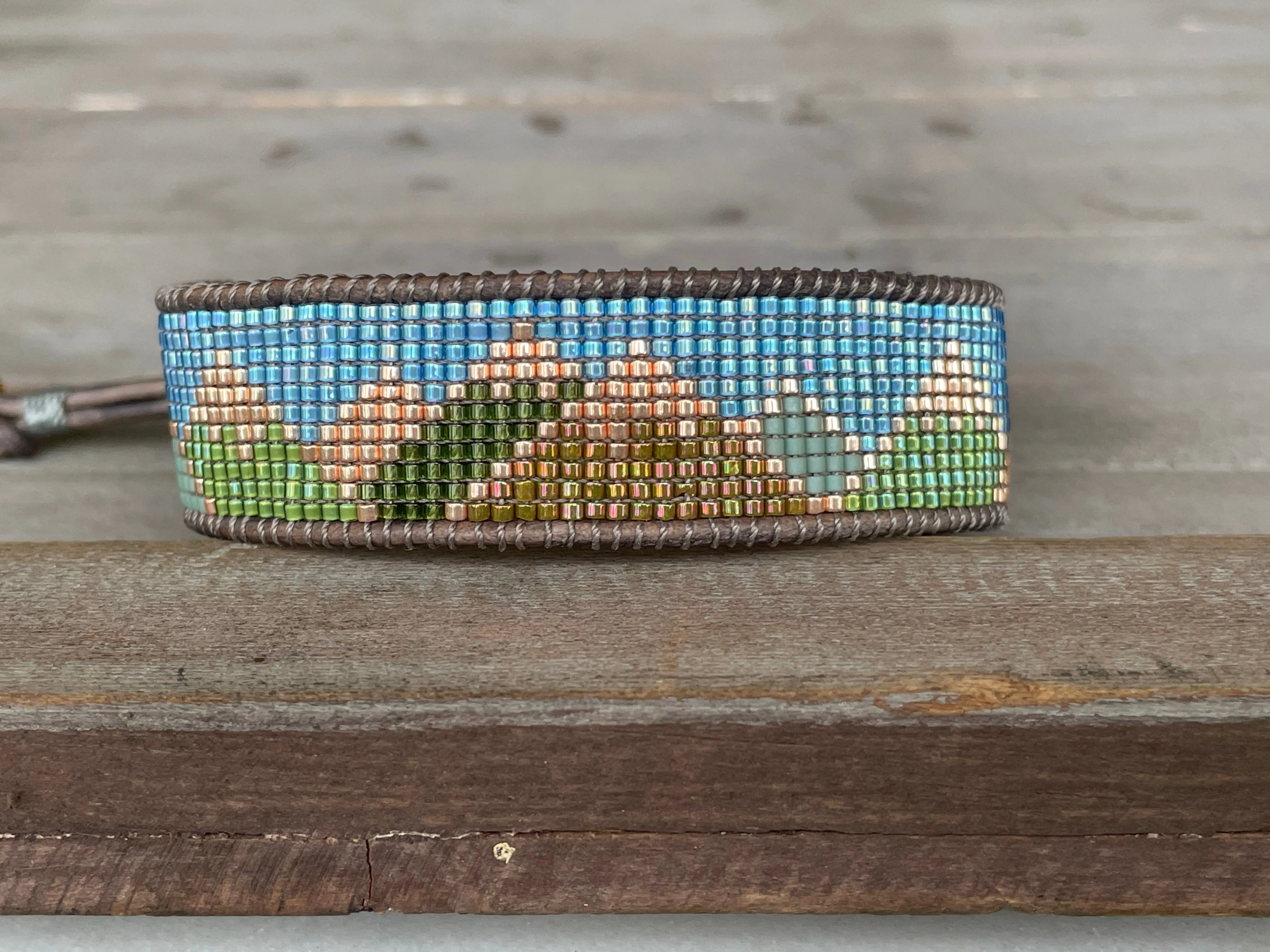 Abstract Mountain Bead Woven Loom Leather Bracelet
