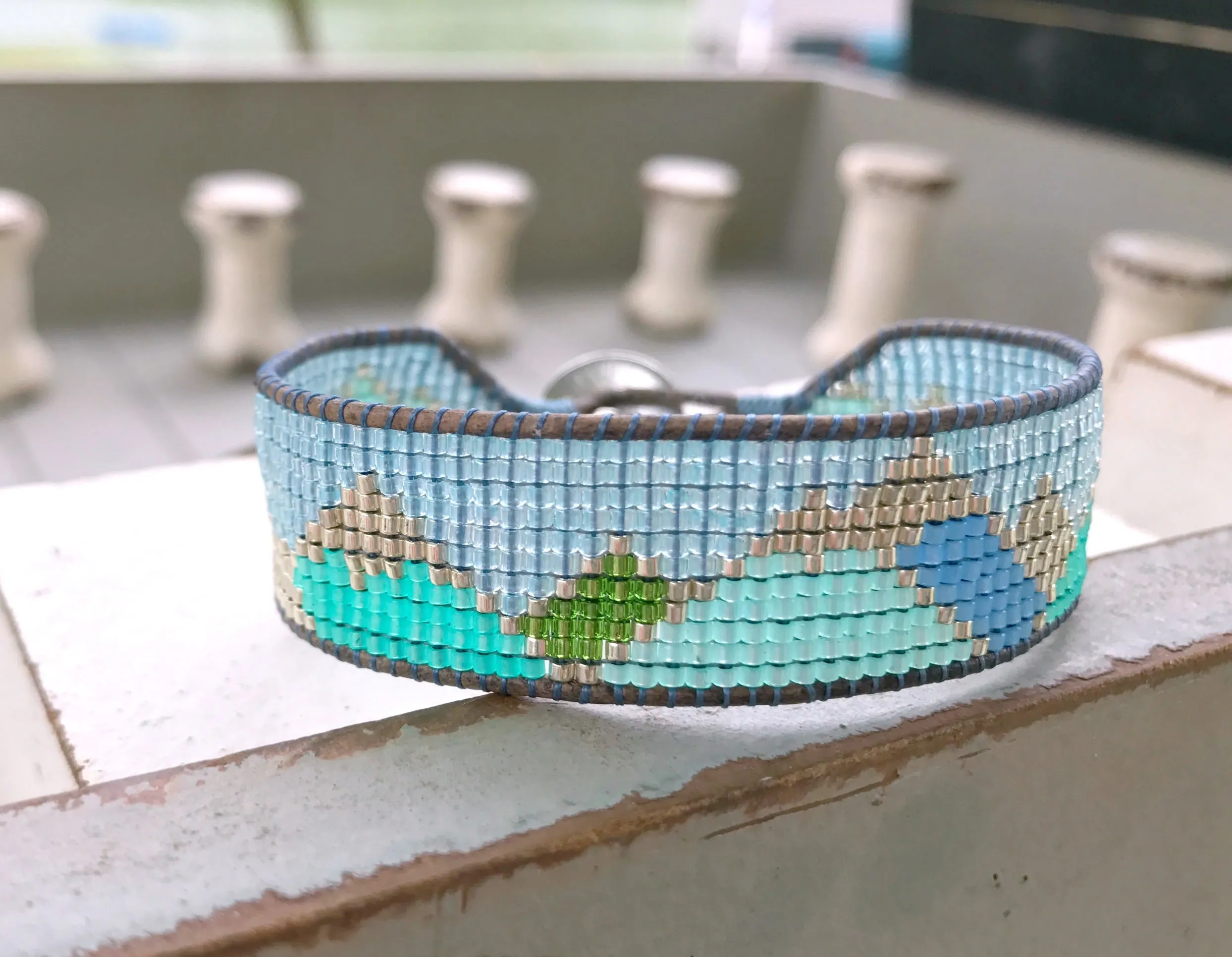 Abstract Mountain Bead Woven Loom Leather Bracelet