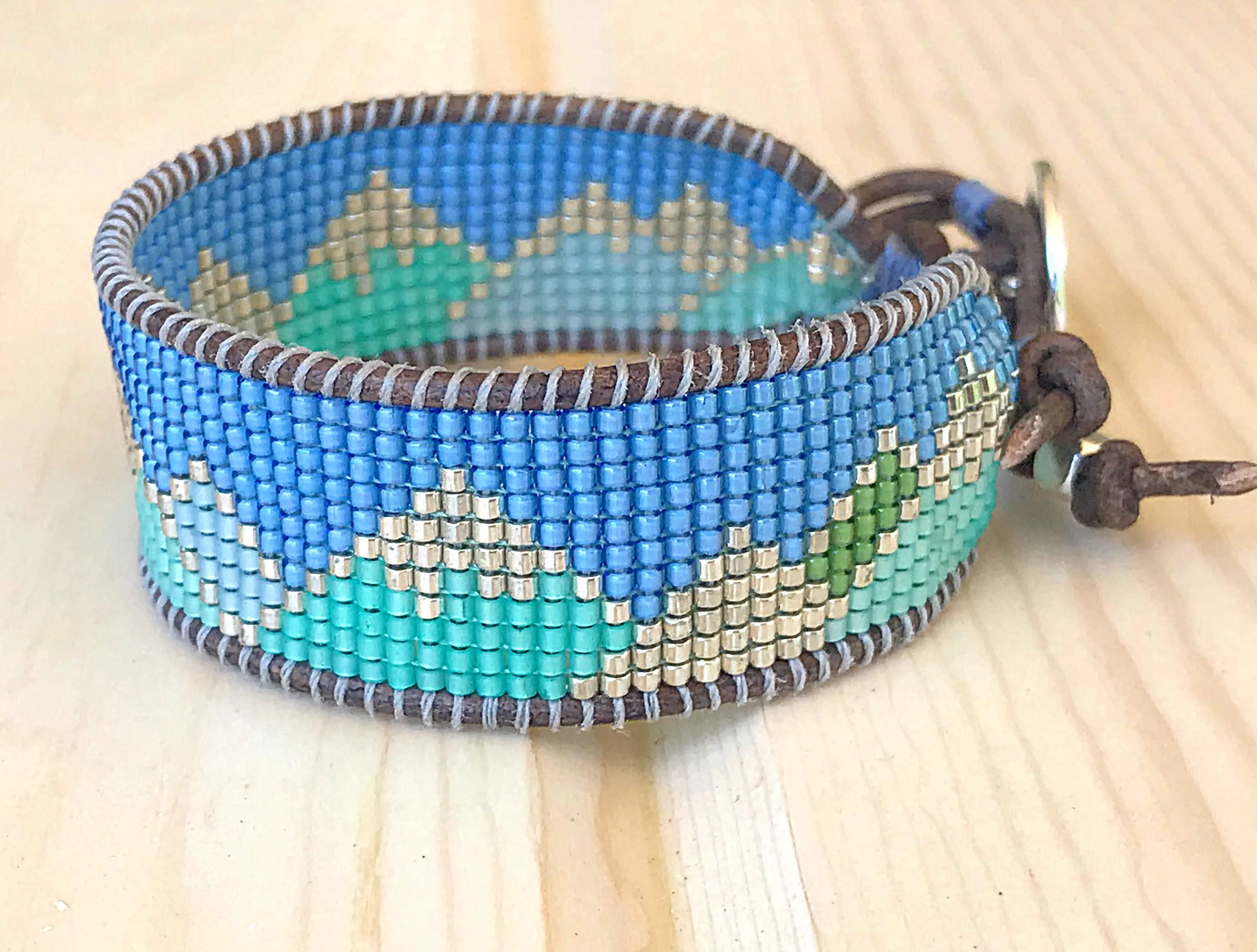 Abstract Mountain Bead Woven Loom Leather Bracelet