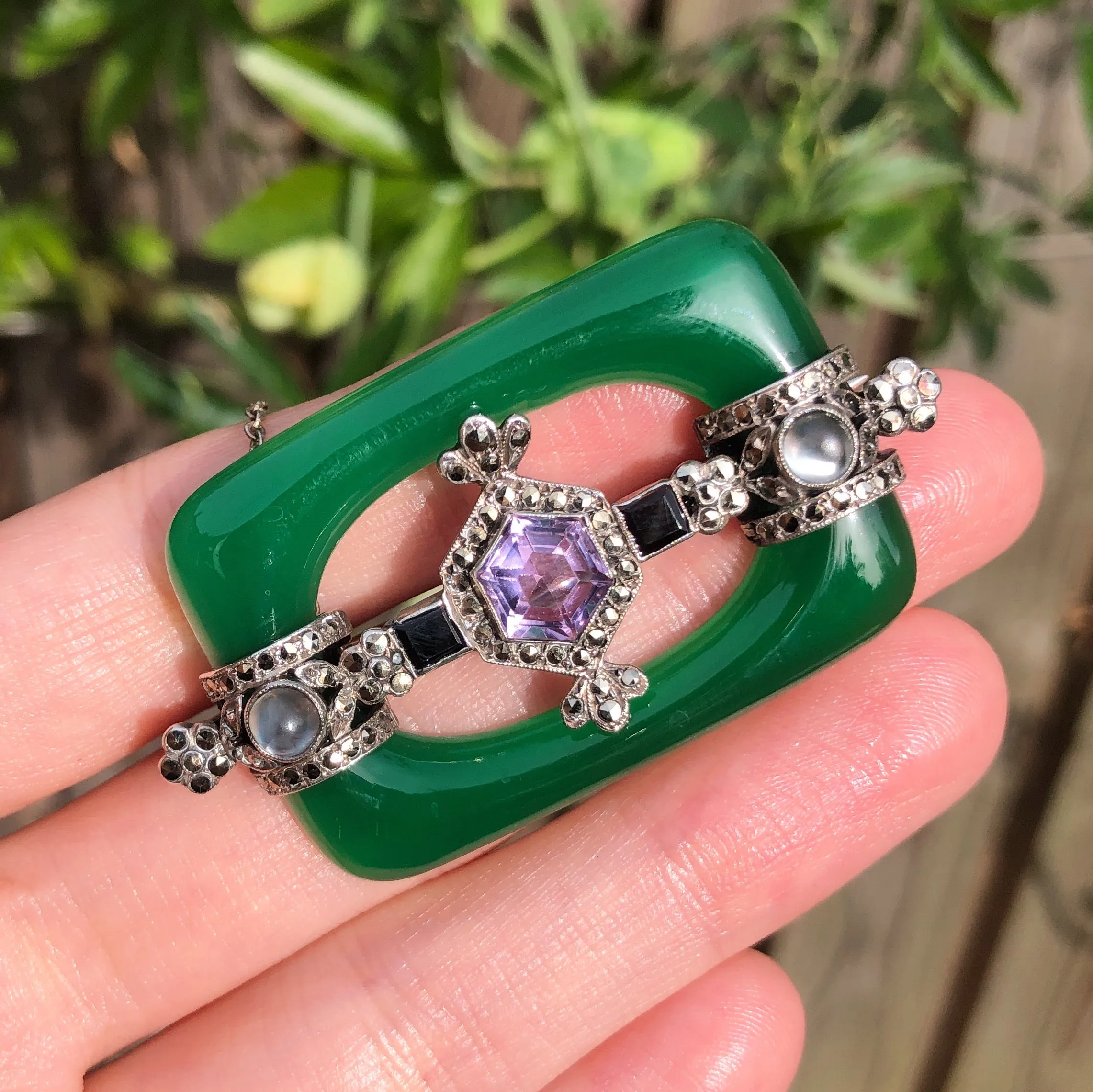 Antique Art Deco German Chrysoprase Amethyst Moonstone Brooch