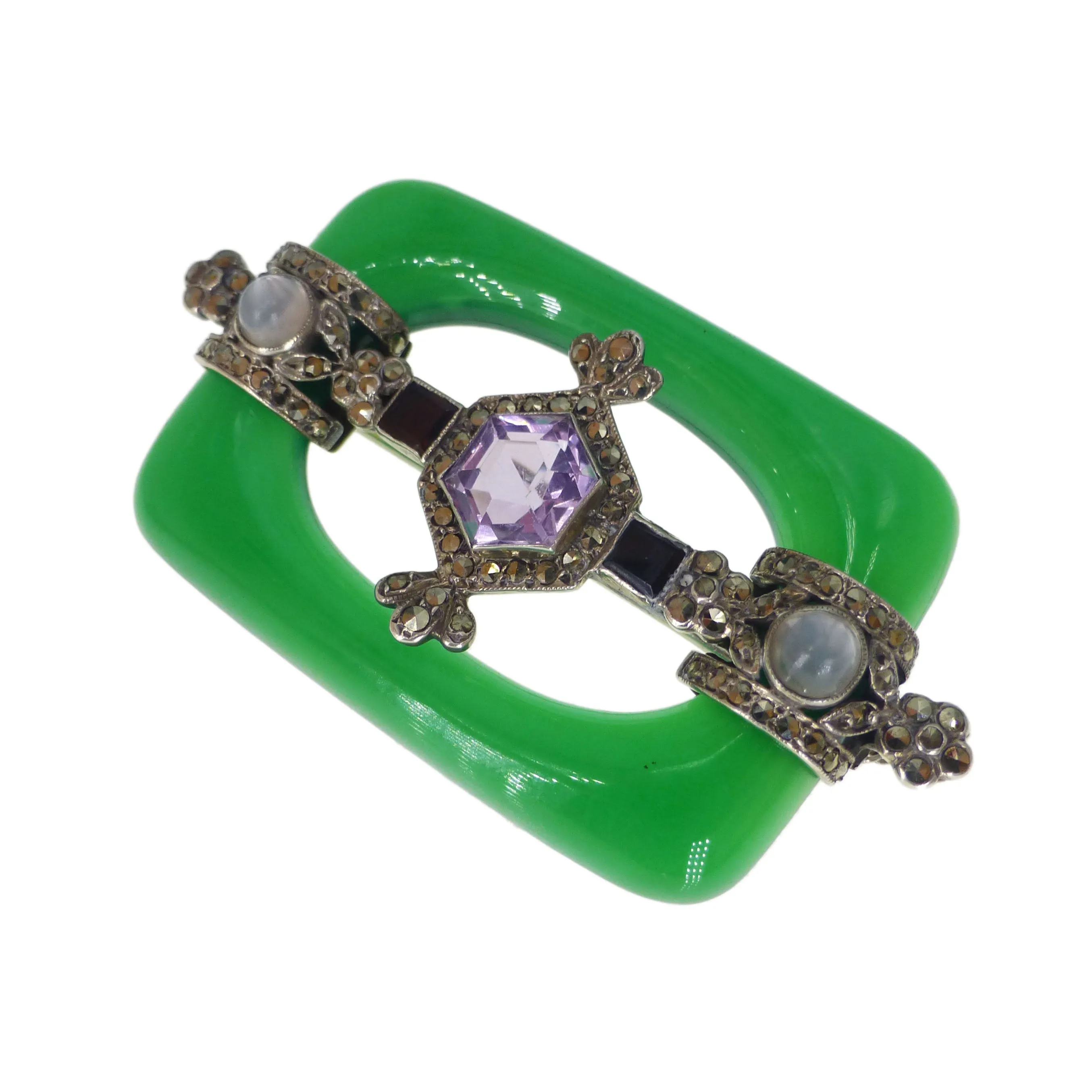Antique Art Deco German Chrysoprase Amethyst Moonstone Brooch