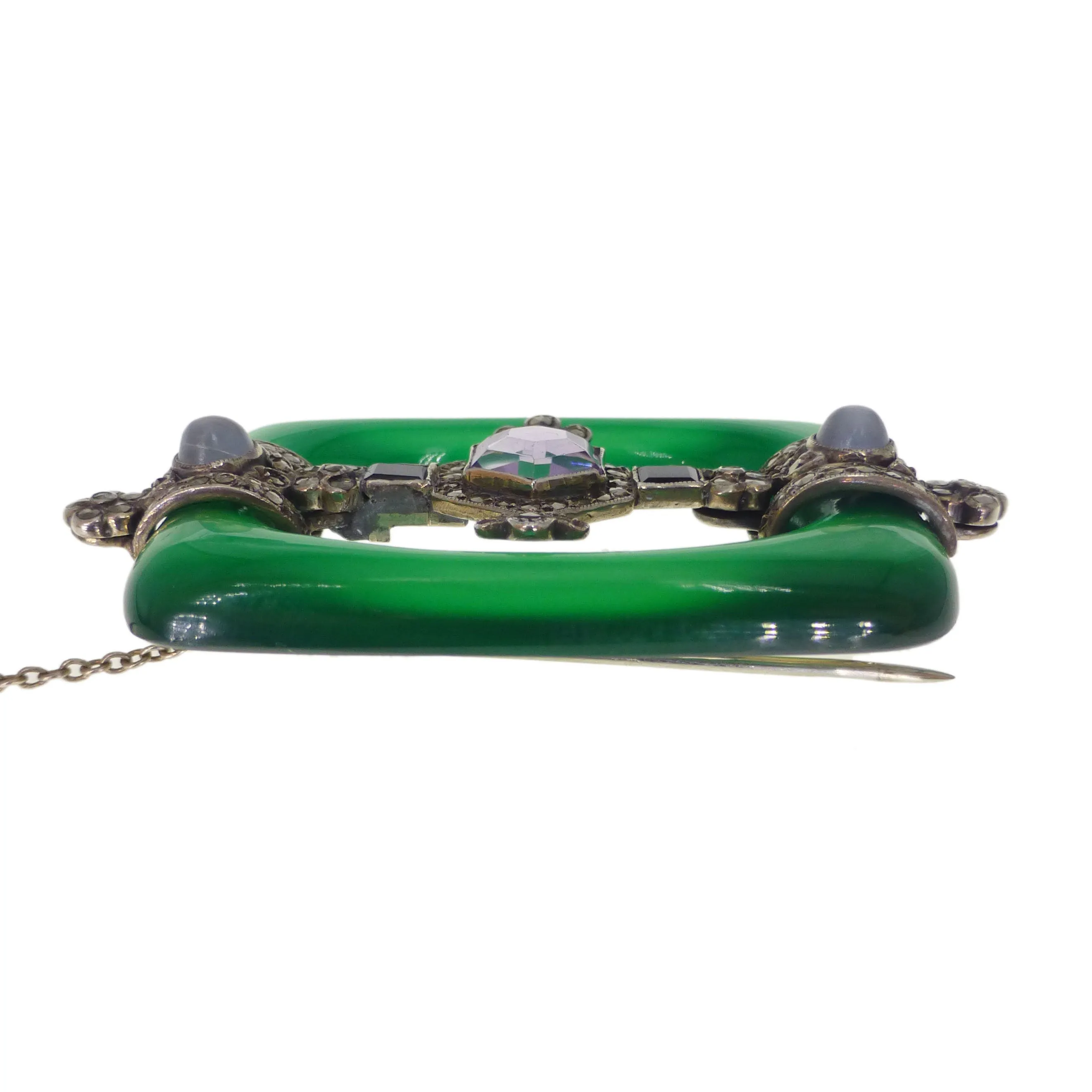 Antique Art Deco German Chrysoprase Amethyst Moonstone Brooch