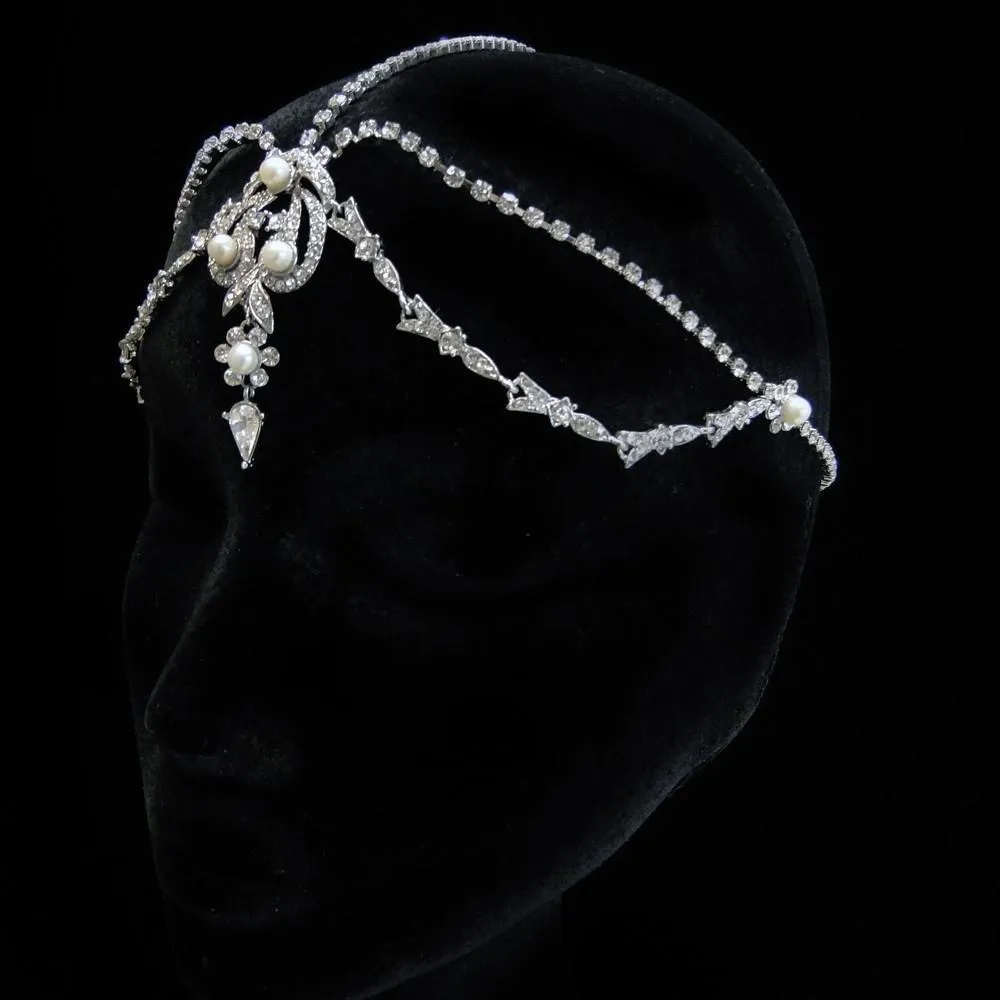 Antique Inspired Pearl & Crystal Teardrop Forehead Bridal Headpiece