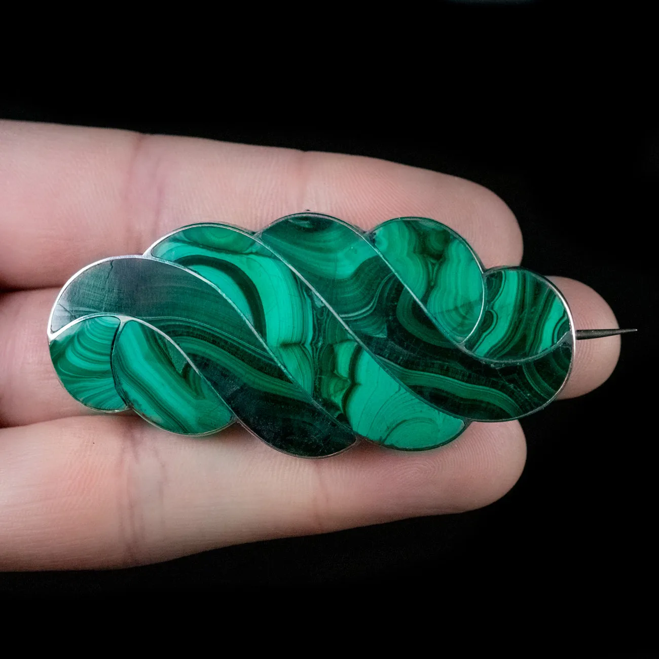 Antique Victorian Scottish Malachite Brooch Silver Circa 1880